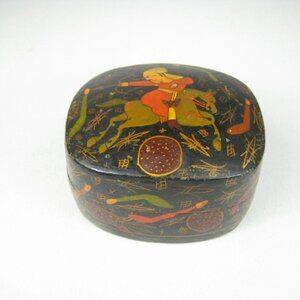 Vintage Kashmir Paper Mache Box Hand Painted Trinket Box Archer Horse